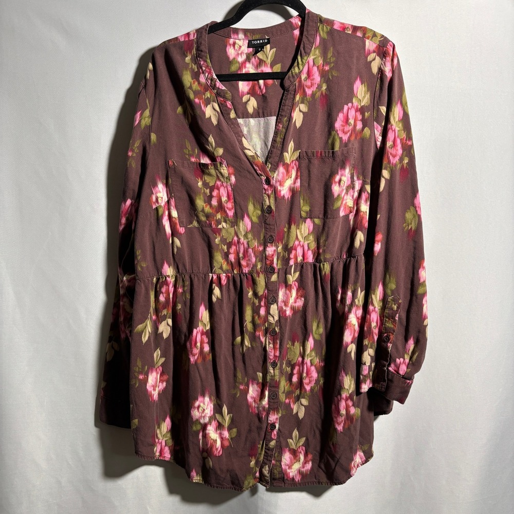 Torrid 2X Brown‎ Floral Long Sleeve Top Babydoll Tunic Long Sleeve Boho Romantic